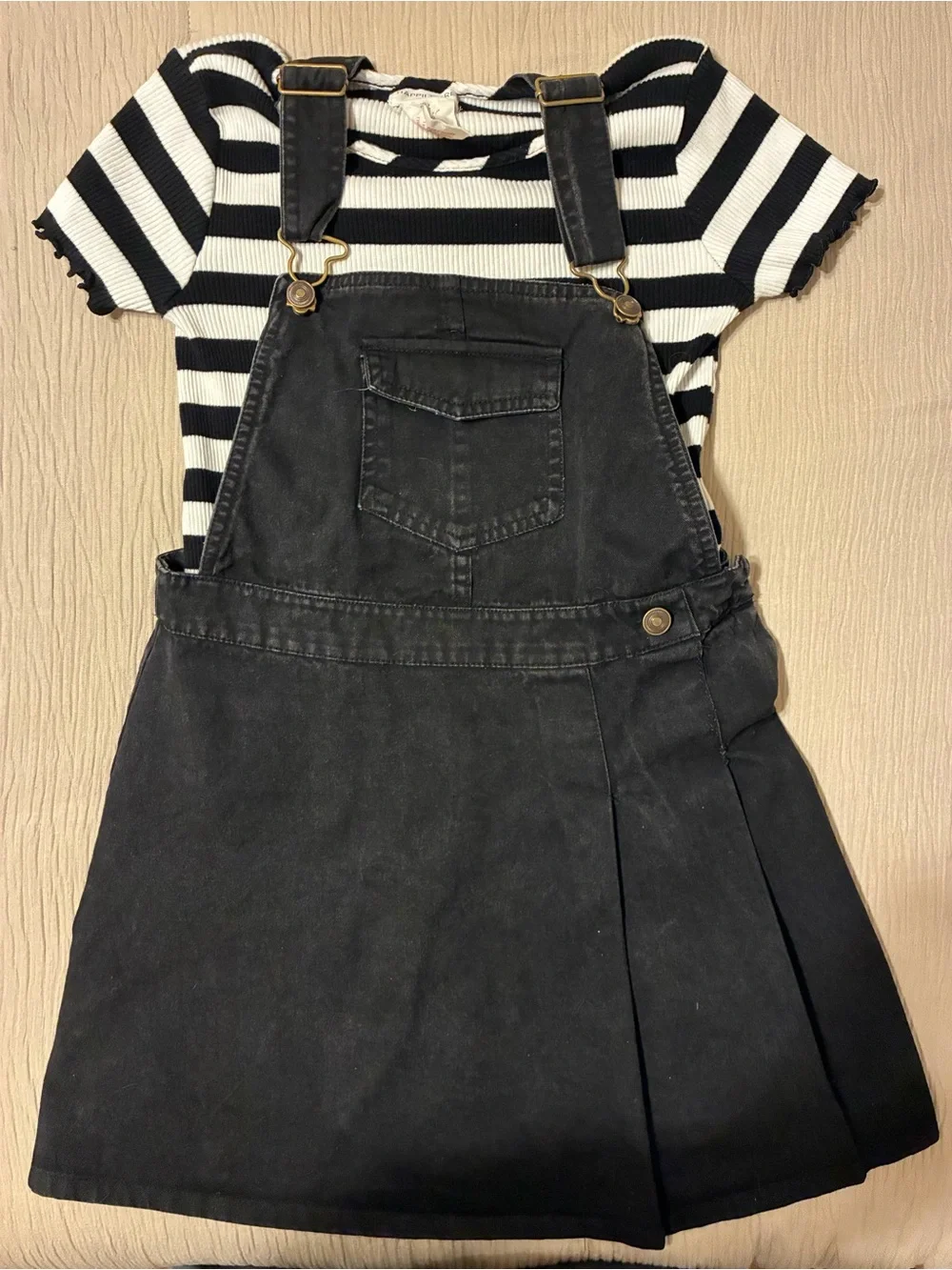 Black Denim Jumper Skirt for Kids - Classic Black with a striped shirt.